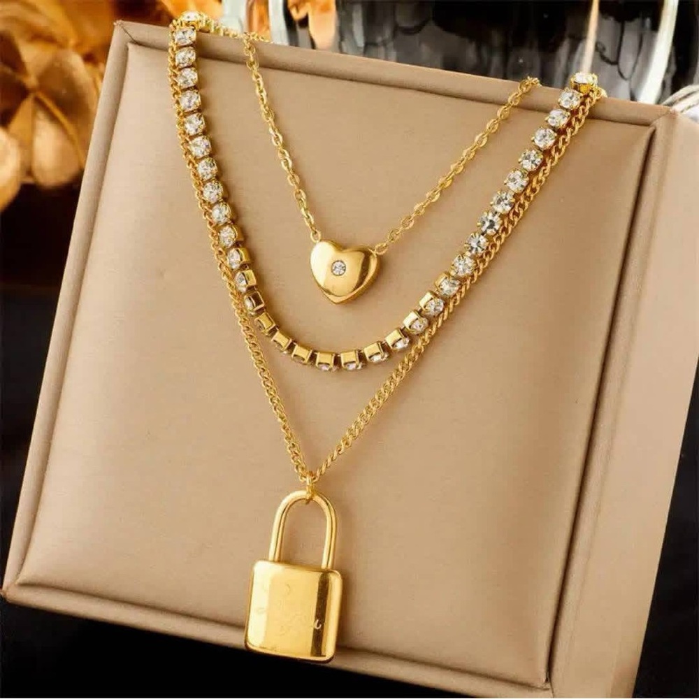 Planet Gold Layered Gold Heart, Crystal & Padlock Necklace Set waterproof